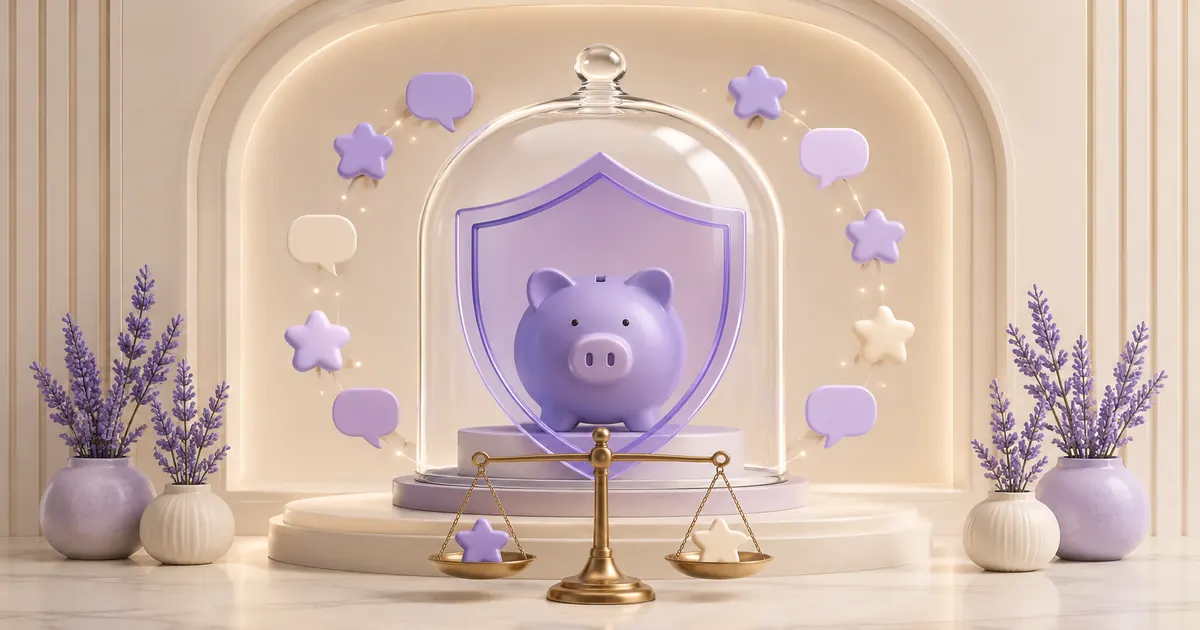 ガラスドームと盾で守られた貯金箱を口コミの吹き出しと天秤が囲む、安全性検証のイメージ